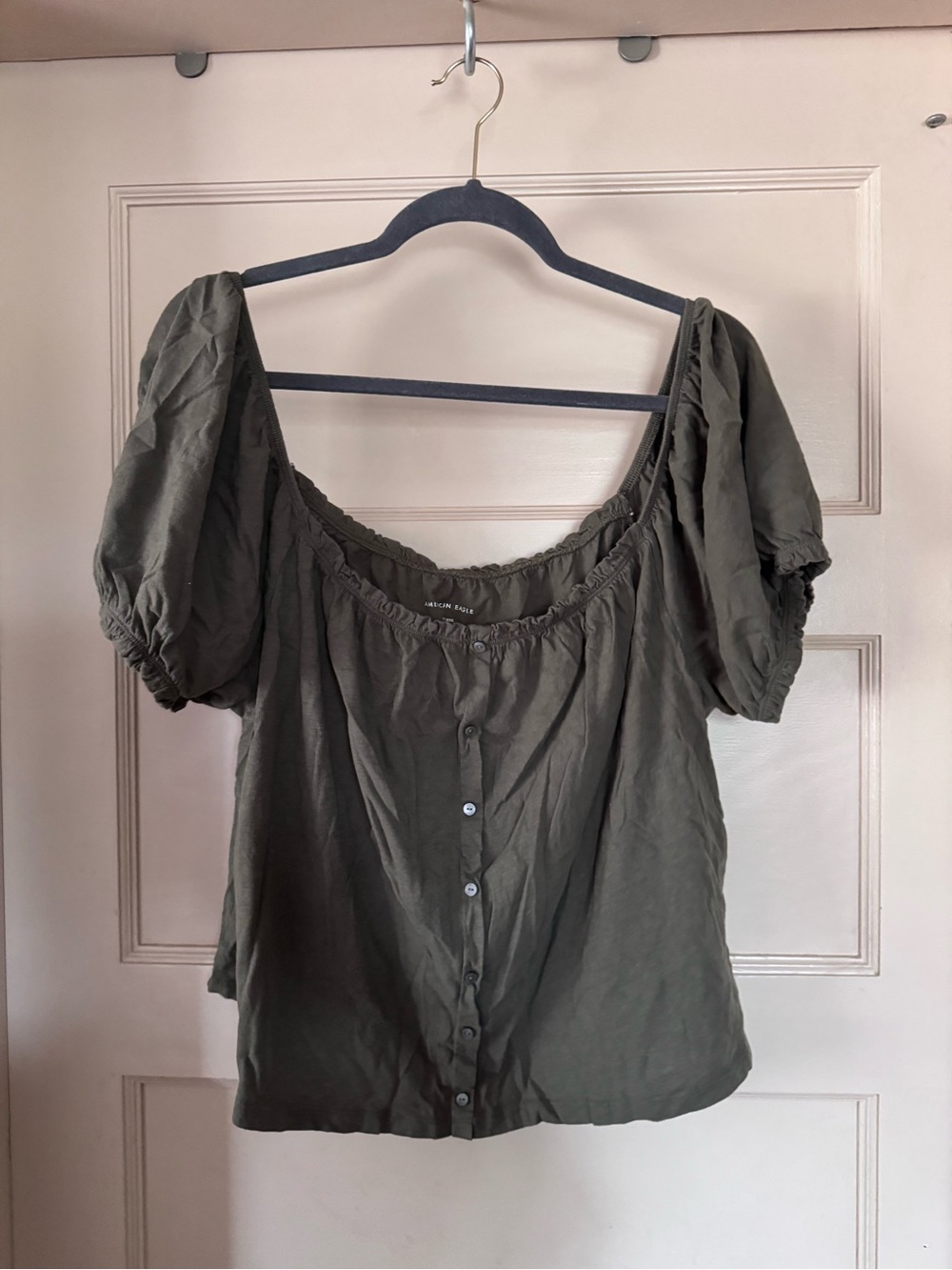 American Eagle Outfitters Olive Green Puff Sleeve Button-Front Top